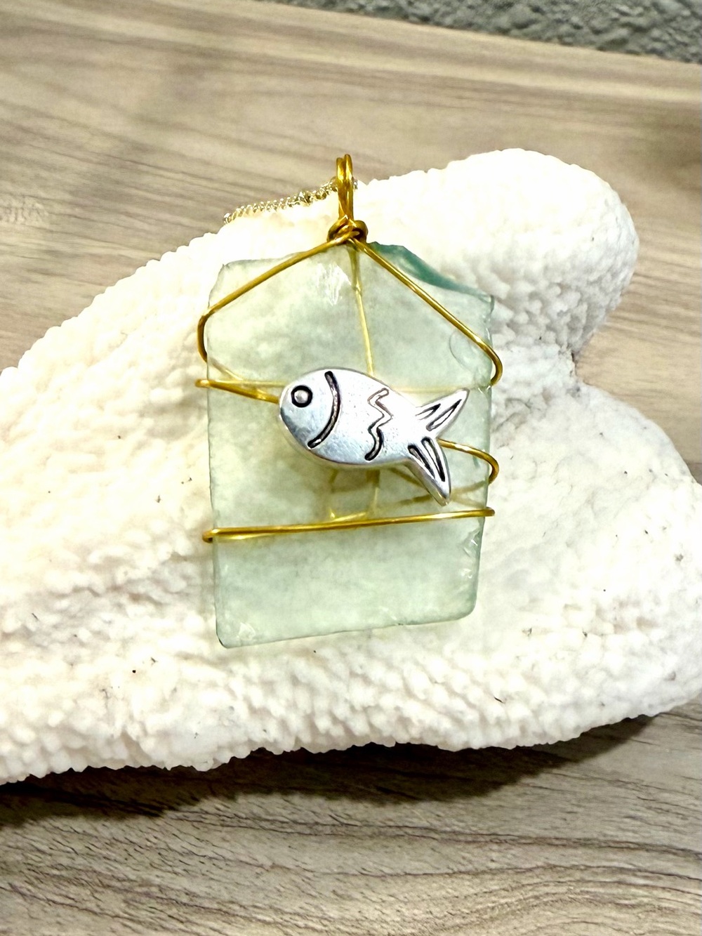 109. Gold Wire Sea Glass Fish Pendant Necklace - Light Green